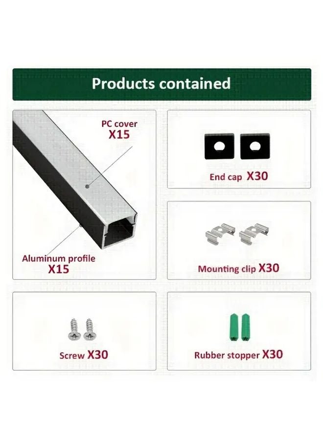 نظام قناة LED من الألومنيوم الأسود مع غطاء موزع أبيض 15 قطعة 1 متر شكل حرف U - Image 2
